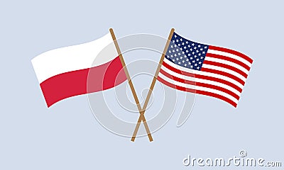 Poland and USA crossed flags on stick. Polish and American national symbols. Vector illustration Vector Illustration